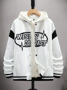 Manfinity EMRG Loose Fit Men's Slogan Graphic Striped Accent Drop Shoulder Varsity Jacket Without Hoodie - White - View 4