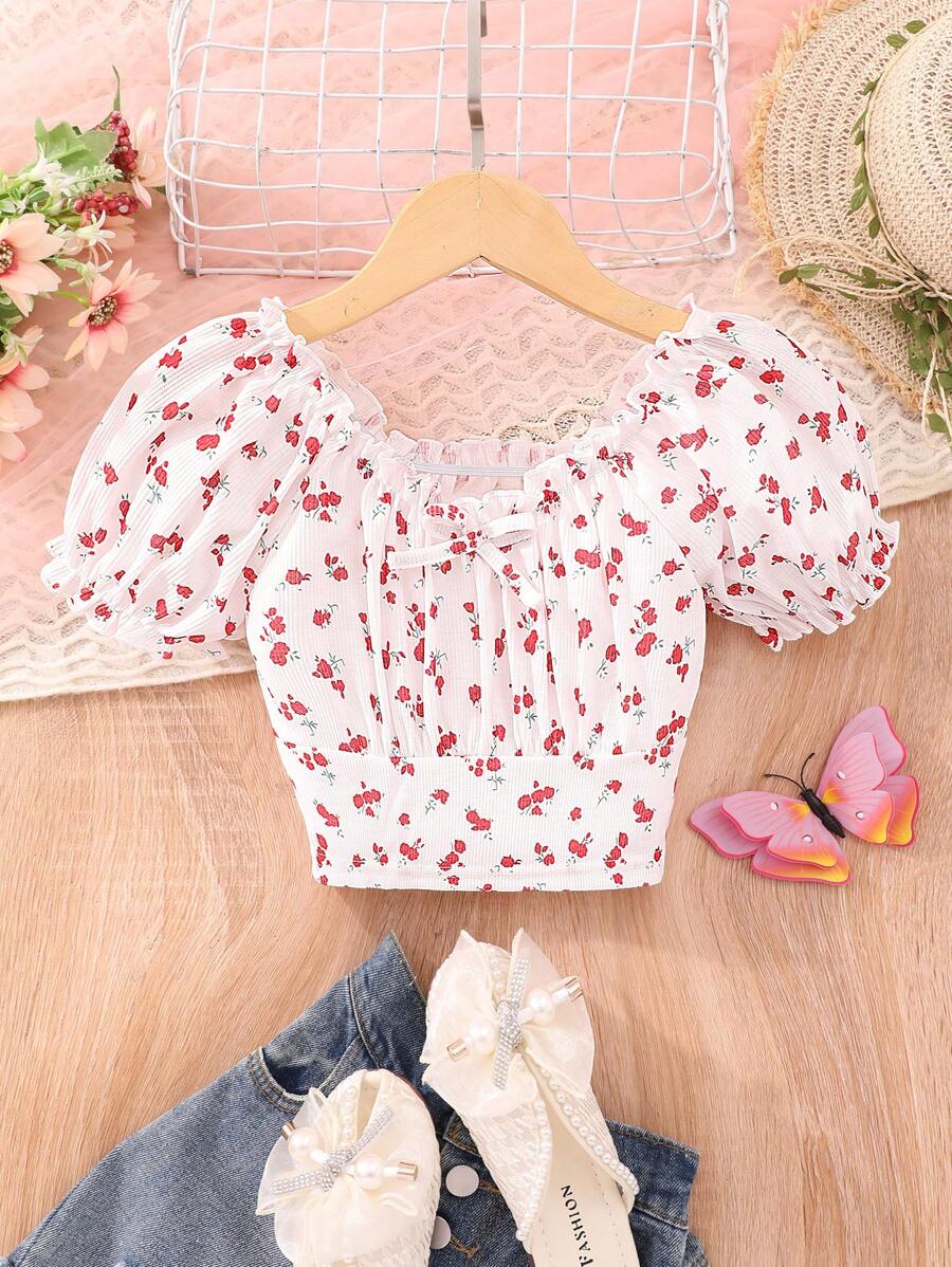 SHEIN Cô gái Tween In hoa Ditsy Ống tay áo Lá sen tỉa Nút phía trước Áo phông Crop - Đỏ - Xem 1