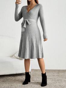 SHEIN Maternity Surplice Neck Belted Sweater Dress, For Winter - Grey - View 4
