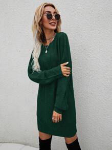 SHEIN Unity 素色落肩袖燈籠袖毛衣洋裝不附腰帶 - 墨綠色 - 查看 5