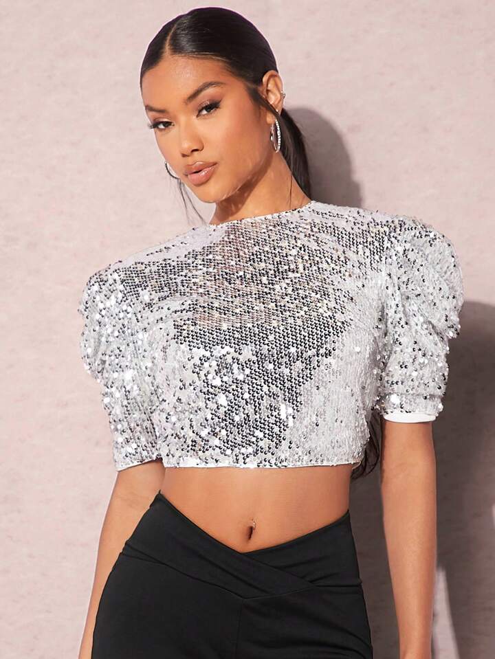 puff sleeve silver top