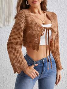 SHEIN VCAY Tie Front Flare Sleeve Crop Cardigan - Multicolor - View 3