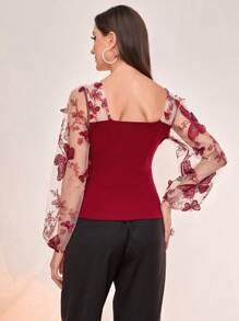 Modelyn 勃艮第红蝴蝶贴花网眼灯笼袖甜心领上衣 - 酒紅色 - 查看 2