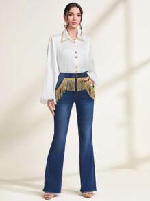 SHEIN Privé Vaqueros de pierna acampanada con ribete de flecos y cintura alta - Azul - Ver 4