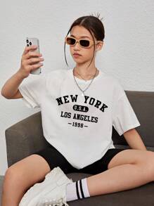 SHEIN 青少年女孩休闲简约卡通图案 T 恤，适合夏季 - 白色 - 查看 1