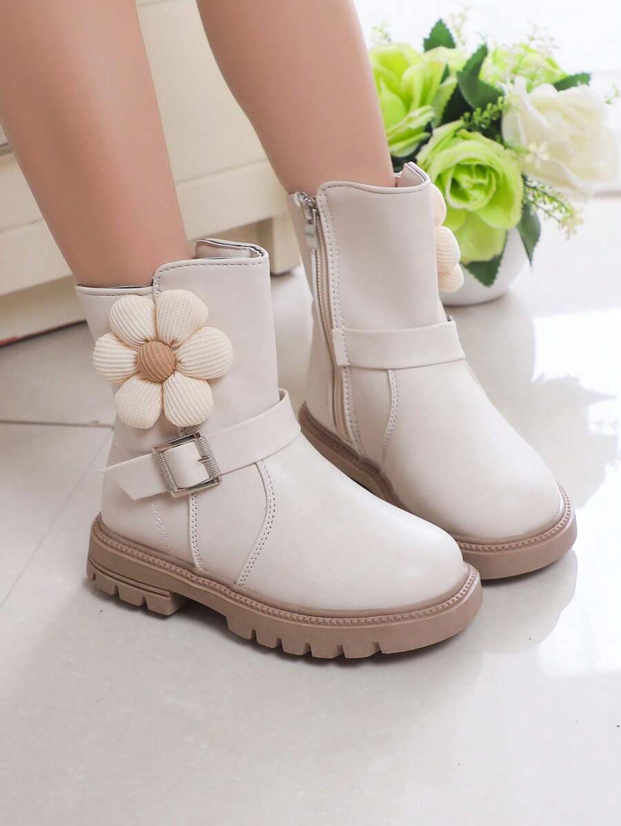 Botas De Moda Y Lindas Decoradas Con Flores Beige Para Niñas - Beis - Ver 1
