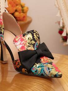 Fall/Winter High Heeled Pumps With Bow Knot And Floral Pattern, Elegant And Fashionable,Elegant,Party - Multicolor - View 5