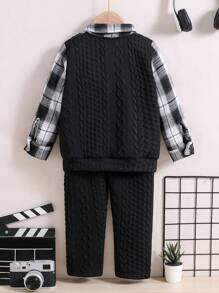 SHEIN Young Boy Plaid 2 In 1 Sweatshirt & Pants - Black - View 2