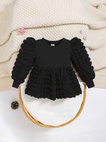 SHEIN Baby Girl Solid Puff Sleeve Peplum Top - Black - View 1