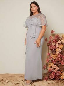 SHEIN Belle Plus Contrast Sequin Mesh Insert Butterfly Sleeve Split Thigh Bridesmaid Dress - Grey - View 4