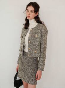 Flap Detail Button Placket Tweed Overcoat - Multicolor - View 5