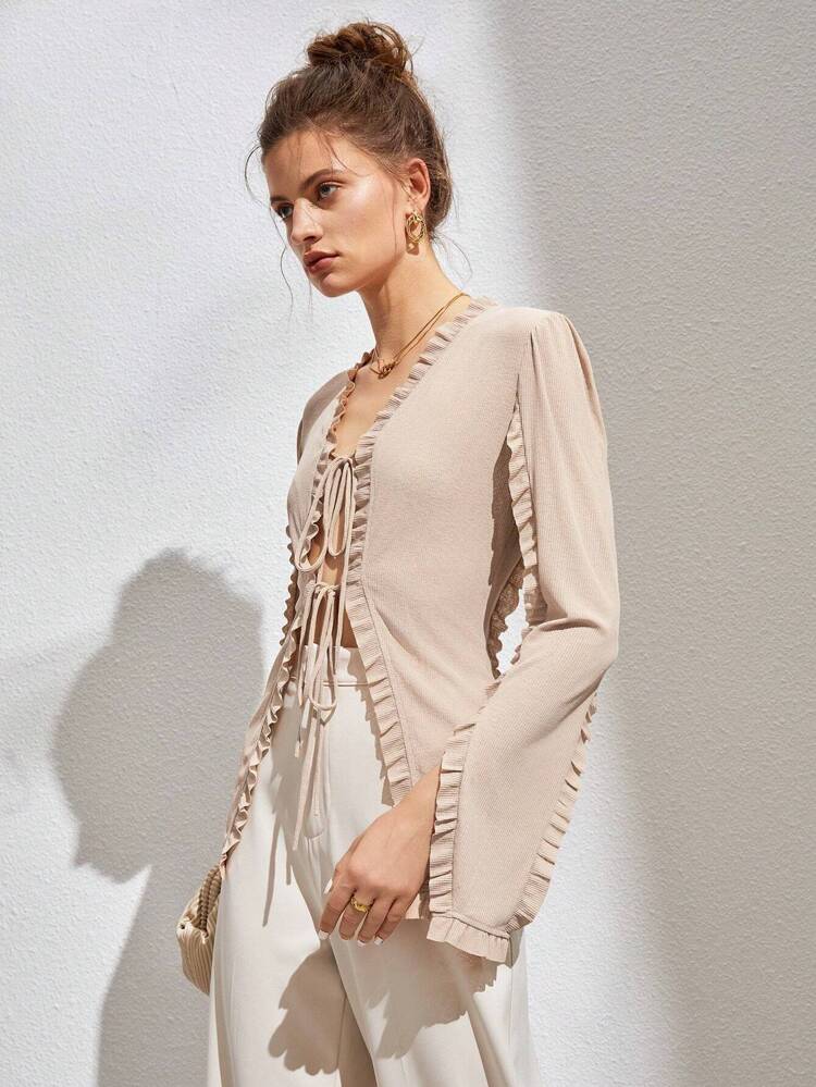 Frill Trim Knot Front Split Sleeve Frill Trim Top