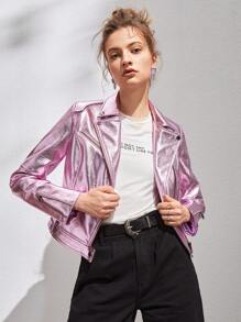 SHEIN Allurite Zip Up PU Leather Moto Jacket - Pink - View 1