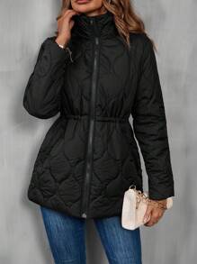 SHEIN LUNE Slant Pocket Zipper Hooded Quilted Padded Coat Clothes Winter - Black - View 6