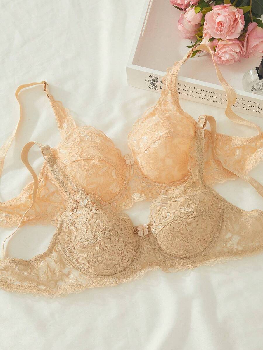 2pcs Floral Lace Underwire Bra Lingerie - Multicolor - View 1