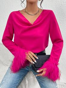 Chiquease Draped Collar Fuzzy Cuff Blouse