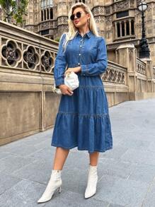 SHEIN Privé 正面鈕扣荷葉邊下擺牛仔洋裝 - 中等水洗藍 - 查看 5