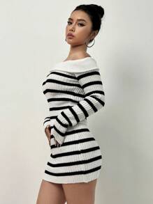 SHEIN Unity Mẫu sọc Off Shoulder Sweater & Knit Skirt - Đen và trắng - Xem 5