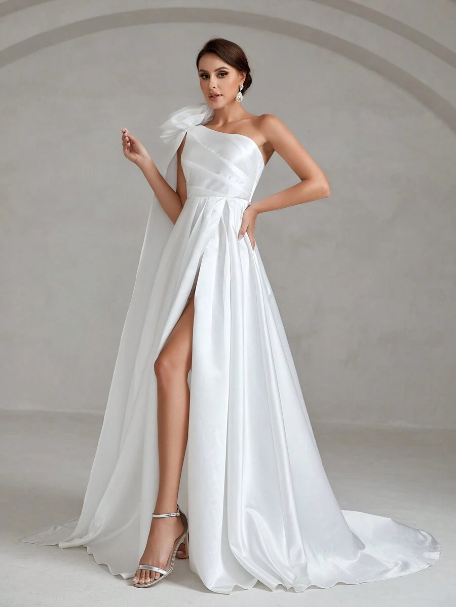 One Shoulder Split Thigh Satin Wedding Dress - White - View 1