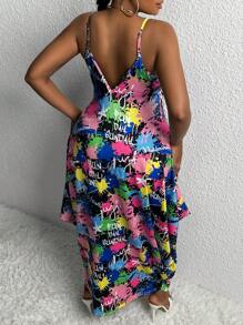 Slaydiva 大碼滿版印花大露背吊帶洋裝 - 彩色 - 查看 3