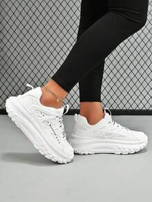 女士戶外舒適防滑透氣圓頭低幫綁帶運動鞋，色塊厚底運動鞋 - 白色 - 查看 2