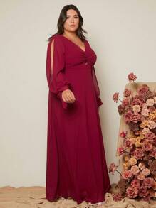 SHEIN Belle 大碼前扭結開衩袖高衩雪紡伴娘洋裝 - 紅色 - 查看 6