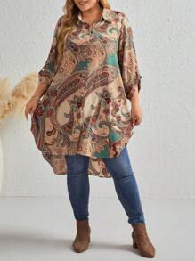 EMERY ROSE Plus Paisley Print Roll Tab Sleeve High Low Hem Shirt Western Woman Attire Plus - Multicolor - View 4