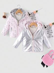 SHEIN 年轻女孩 1 件全身印花双面连帽棉服外套 - 粉色 - 查看 1