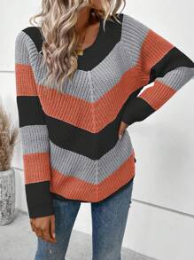 SHEIN LUNE Chevron Pattern Raglan Sleeve Sweater - Multicolor - View 3