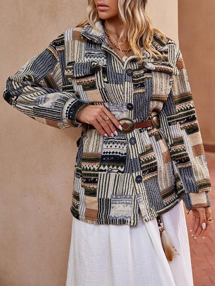 Patchwork Print Drop Shoulder Flap Detail Belted Coat