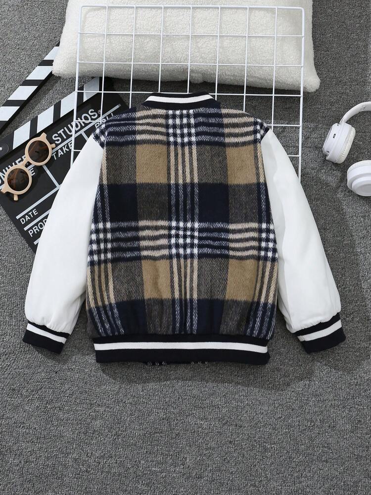 Young Boy 1pc Plaid & Letter Graphic Striped Trim Varsity Jacket