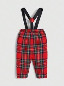 SHEIN Baby Boy Tartan Print Bow Front Shirt & Suspender Pants, For Christmas Autumn Winter Clothes FGirlmen - Multicolor - View 8