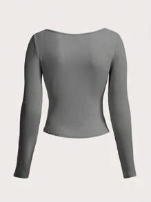 Flirla 大碼純色褶皺胸圍撞色蕾絲羅紋T恤 - 灰色 - 查看 2