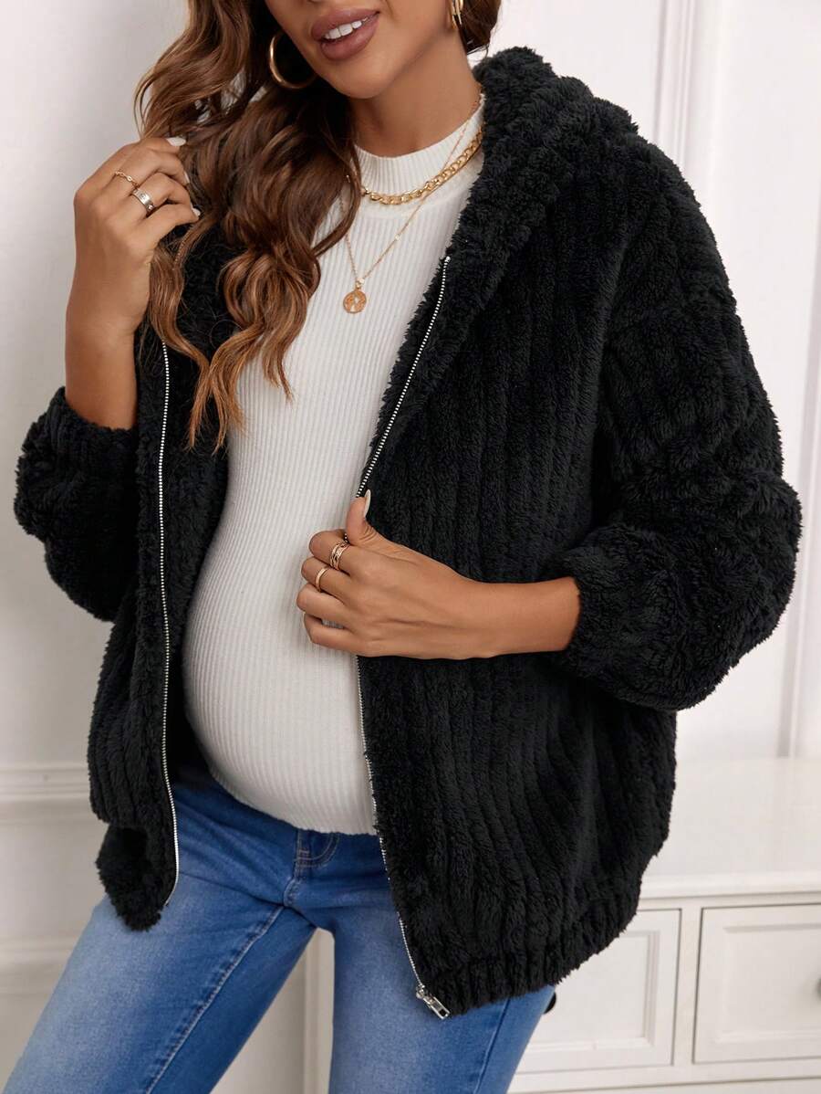 SHEIN 孕婦拉鏈開襟落肩袖連帽毛茸茸夾克 - 黑色 - 查看 1