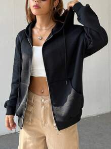 SHEIN EZwear 標語圖案落肩袖拉鍊開襟抽繩連帽衫 - 黑色 - 查看 5