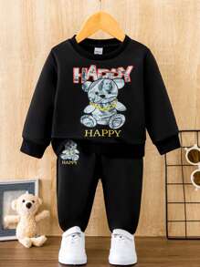 SHEIN 男孩嬰兒熊和字母圖案衛衣和衛褲 - 黑色 - 查看 1