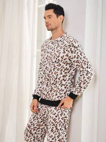 Mens Flannelette Animal Print Pajama Set Round Neck Regular Sleeve Loungewear With Pockets - Multicolor - View 3