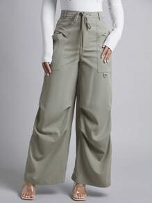 SHEIN PETITE 有蓋口袋側抽繩腰闊腿褲 - 綠色 - 查看 1