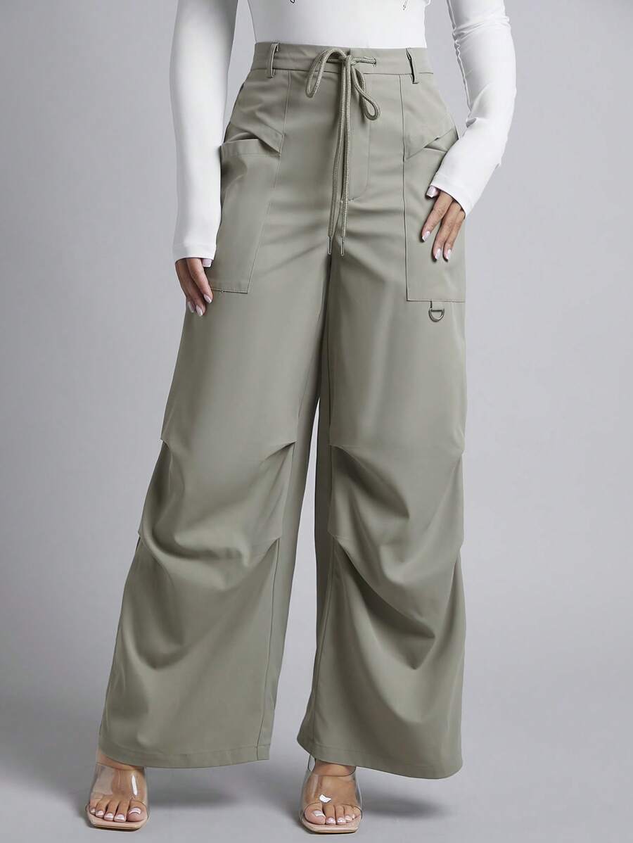 SHEIN PETITE 有蓋口袋側抽繩腰闊腿褲 - 綠色 - 查看 1
