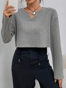 Muchica Notched Neck Drop Shoulder Crop Tee - Dark Grey - View 5