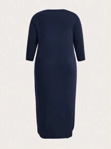 SHEIN BASICS Hơn Chất rắn Cổ v Đầm - Màu xanh hải quân - Xem 2