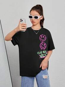 Teen Girls Cartoon & Slogan Graphic Drop Shoulder Tee - Black - View 1