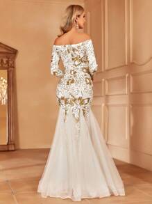 一字肩亮片舞會洋裝 - 白色 - 查看 3