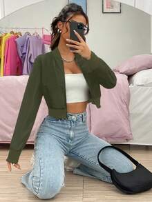 SHEIN Unity Dây kéo Mùa vụ Áo khoác bomber - xanh quân đội - Xem 4