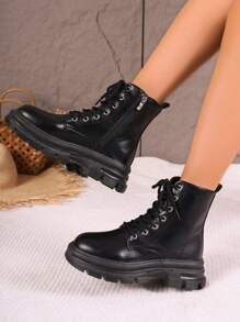 Botas con cordones y cinta con cremallera lateral para mujer, botas de moda negras punk - Negro - Ver 1