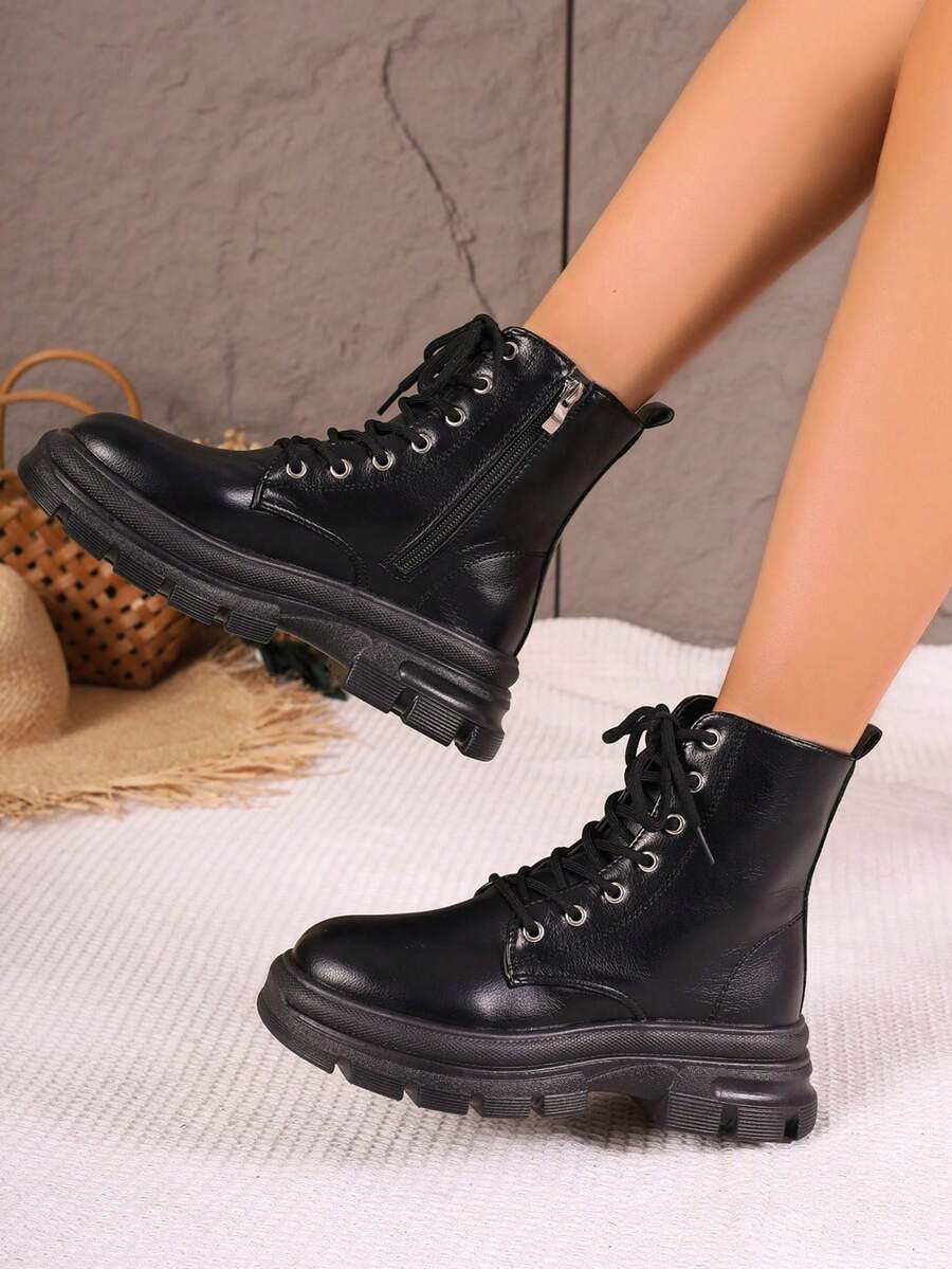 Botas con cordones y cinta con cremallera lateral para mujer, botas de moda negras punk - Negro - Ver 1