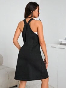 SHEIN EZwear Button Front Overall Denim Dress Without Tube Top - Black - View 2