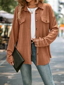 Chiquease Drop Shoulder Flap Detail Button Front Coat - Coffee Brown - View 3