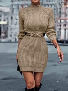SHEIN Essnce Mock Neck Raglan Sleeve Sweater Dress - Khaki - View 6