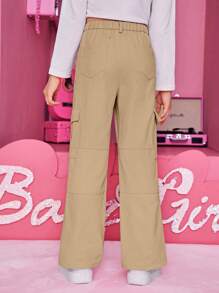 SHEIN Pantalones de carga holgados con bolsillo de solapa lateral de unicolor para niña preadolescente - Caqui - Ver 4